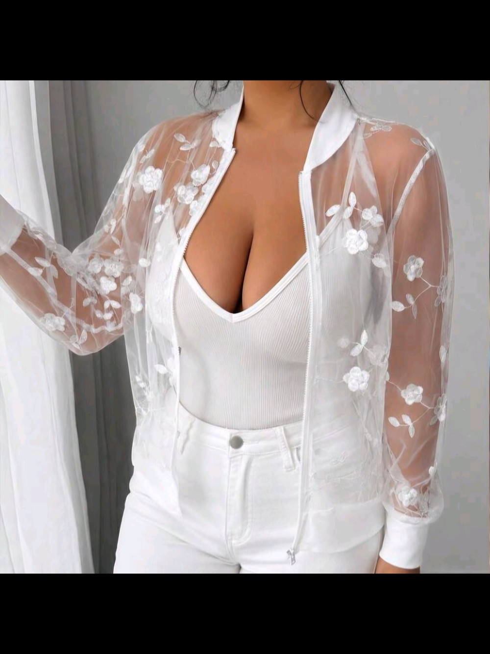 Sheer Floral Embroidered Bomber Jacket - White